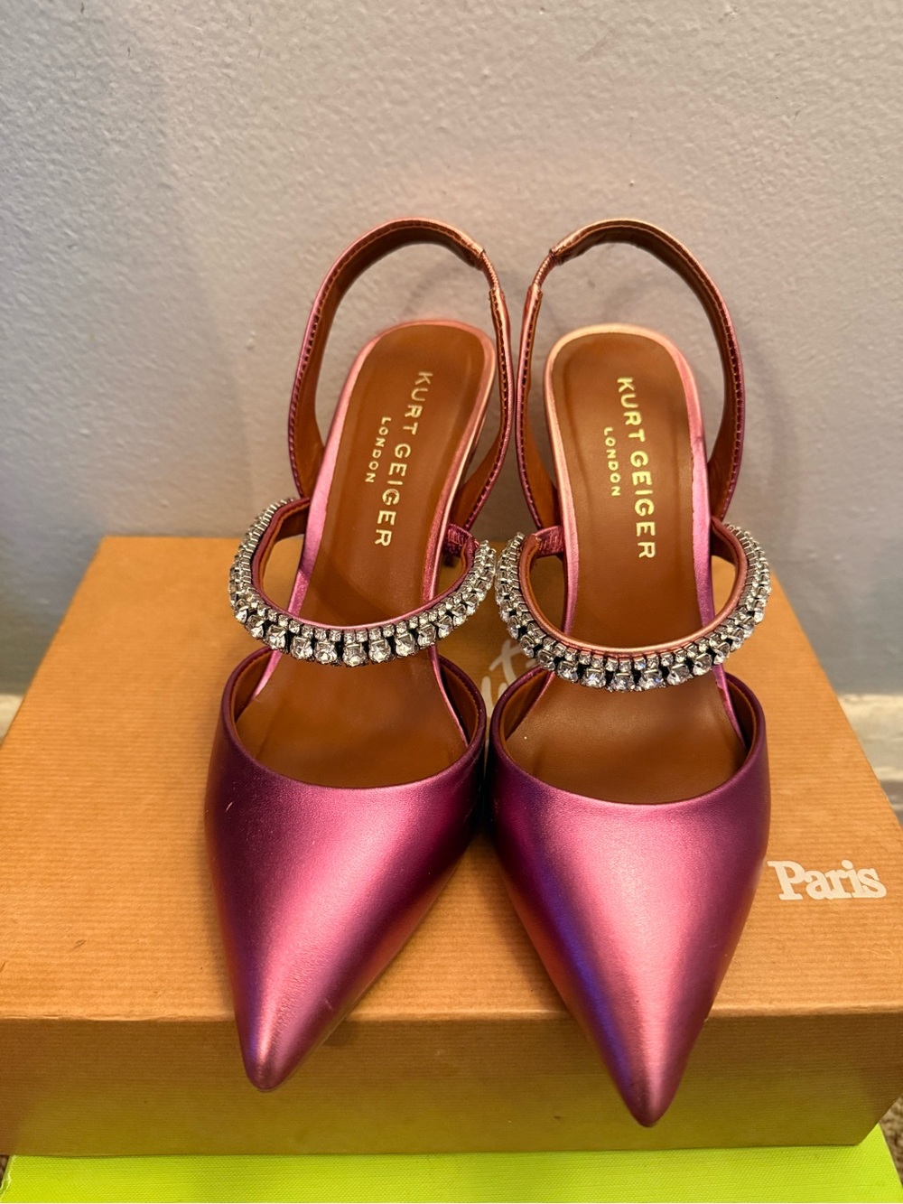 Kurt Geiger Iridescent Fuchsia Pointed Slingback Heels with Crystal Band